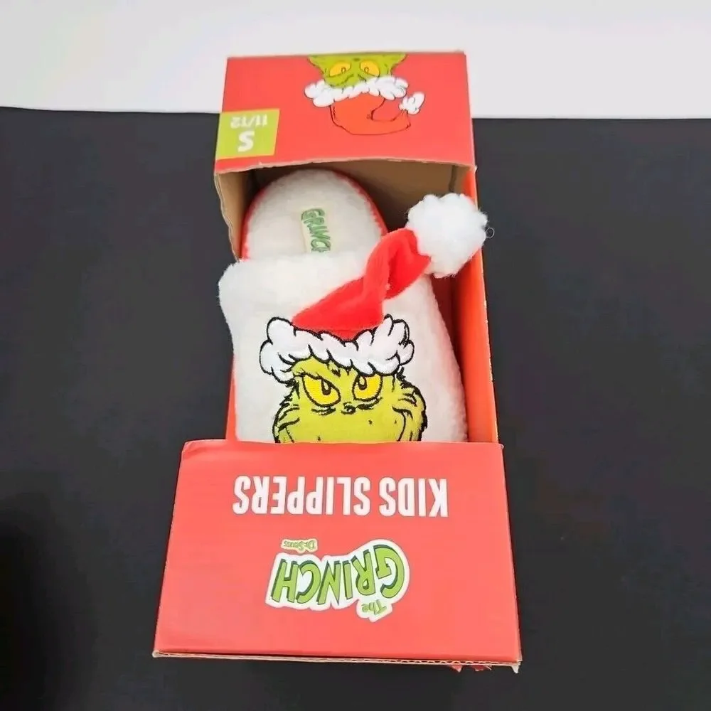Dr. Seuss Grinch Christmas Holiday Santa Hat Slippers Kids Small‎ Size 11/12 New